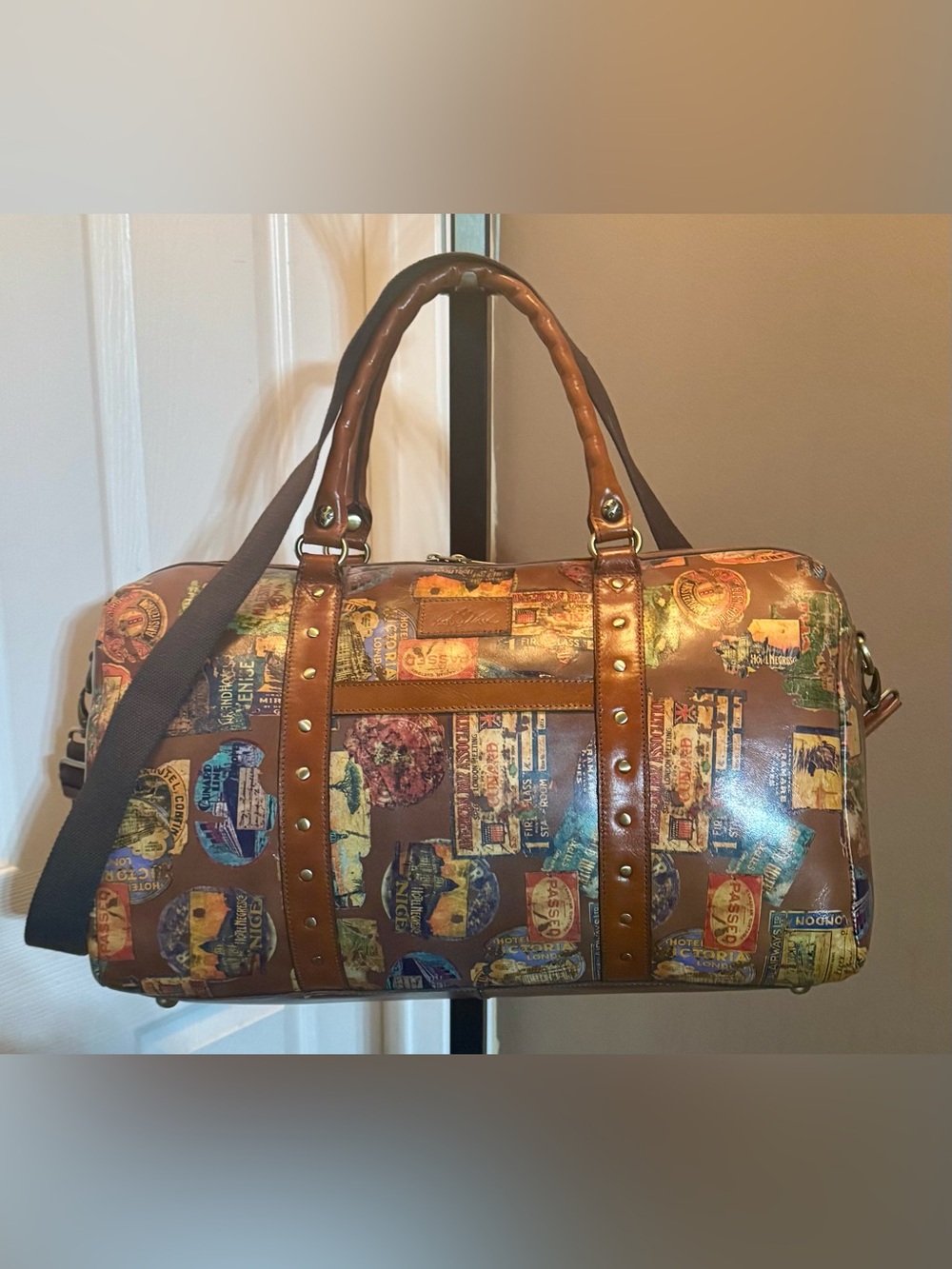 NWT Patricia Nash Milano Weekender Duffel Bag Full-Grain Leather Travel Stickers